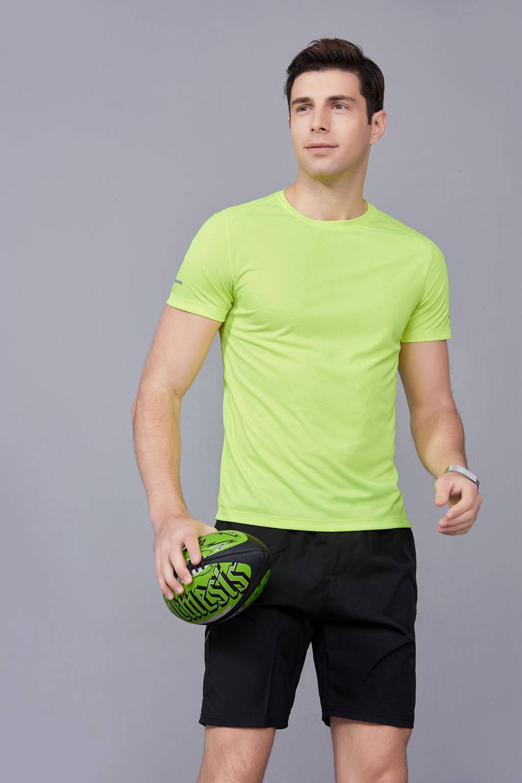 春夏季新款短袖T恤 男 纯色运动体恤弹力舒适打底衫 圆领果绿色