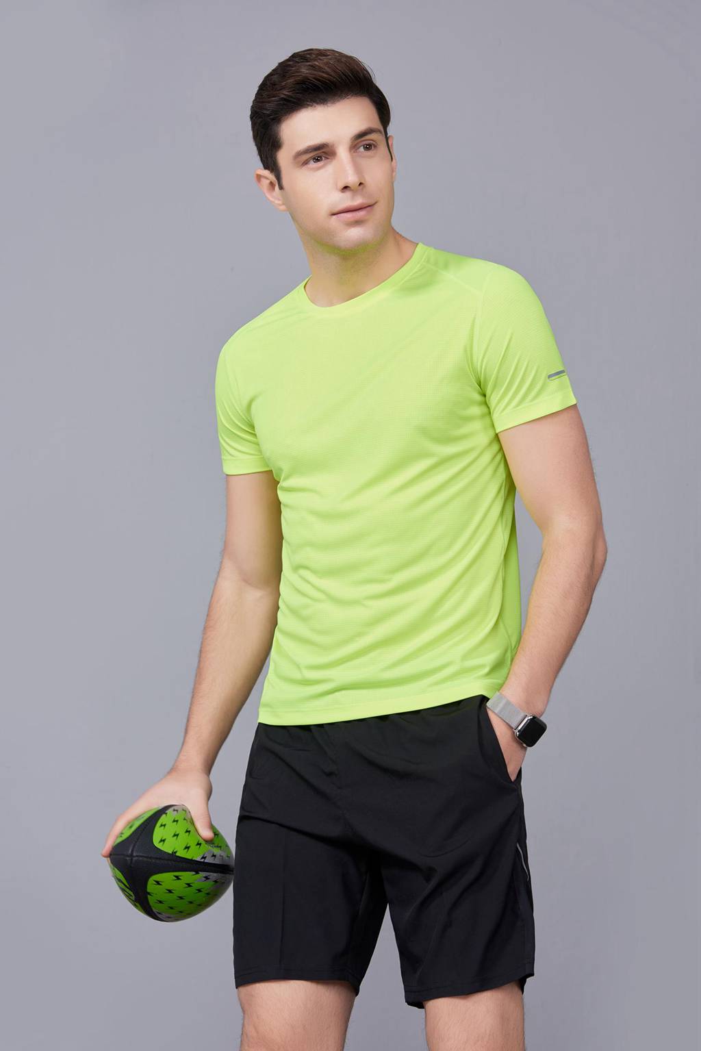 春夏季新款短袖T恤 男 纯色运动体恤弹力舒适打底衫 圆领果绿色