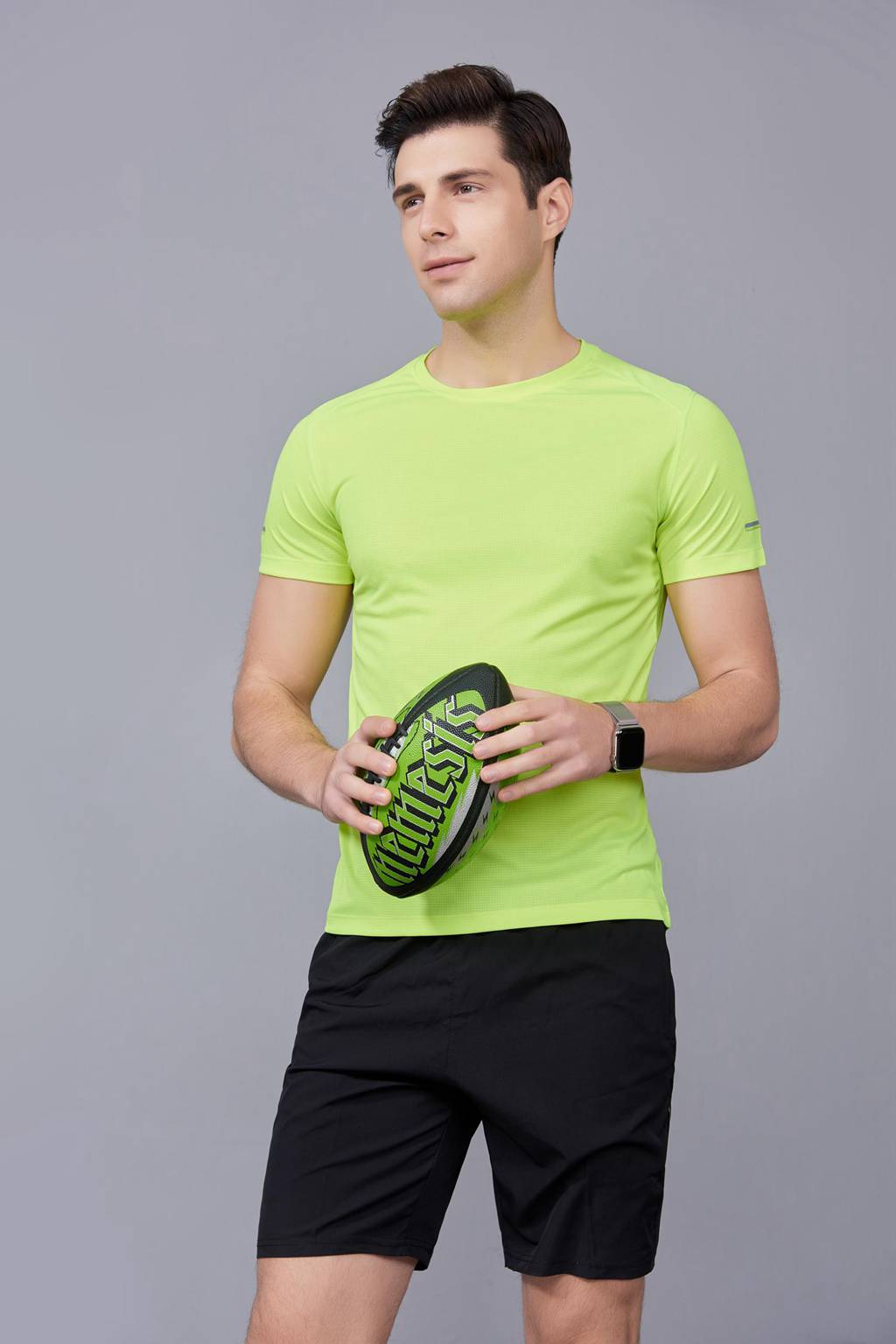 春夏季新款短袖T恤 男 纯色运动体恤弹力舒适打底衫 圆领果绿色